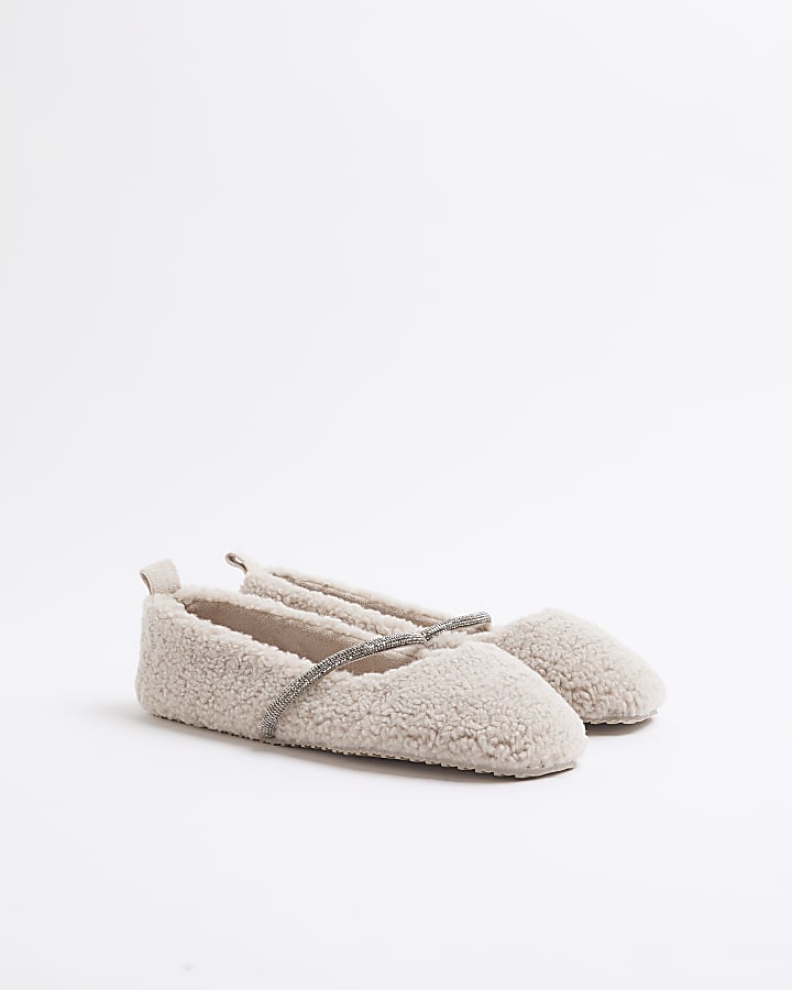 Grey Embellished Strap Borg Ballet Slippers