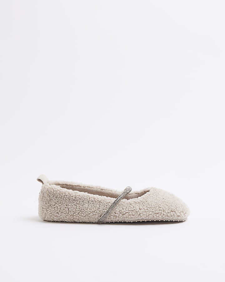 Grey Embellished Strap Borg Ballet Slippers