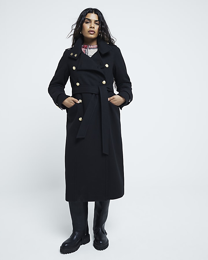Petite Black Belted Longline Military Coat