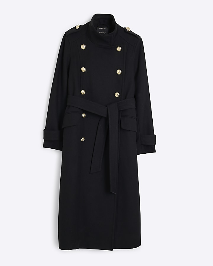 Petite Black Belted Longline Military Coat
