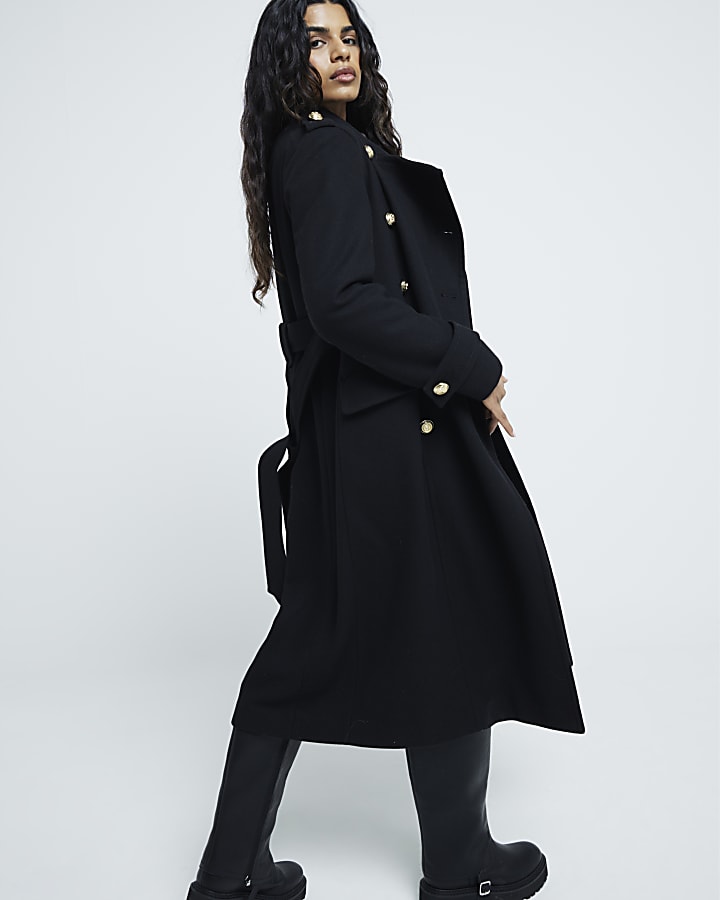 Petite Black Belted Longline Military Coat