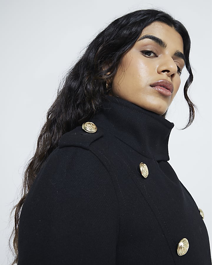 Petite Black Belted Longline Military Coat