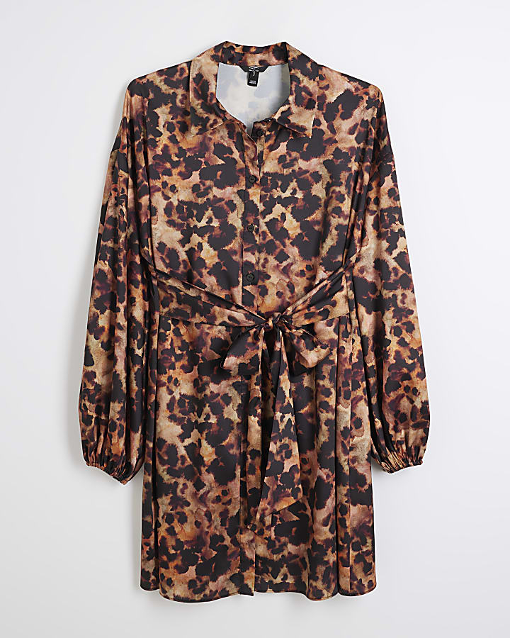 Brown Leopard Print Tie Mini Shirt Dress