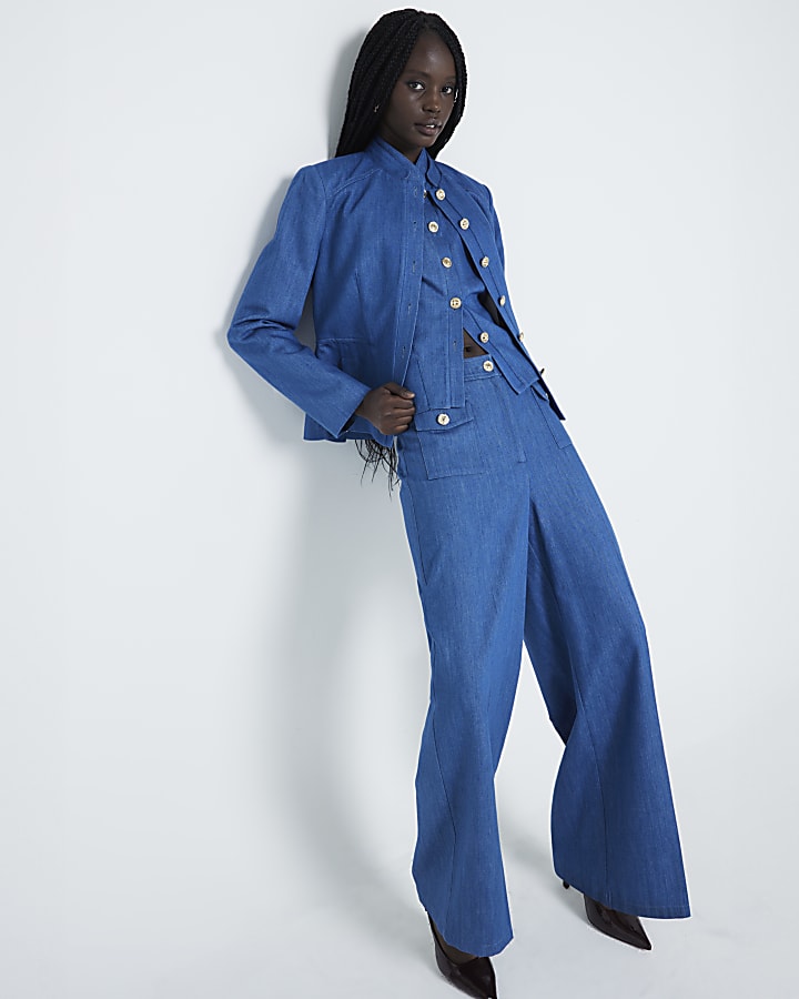 Blue wide leg denim trousers