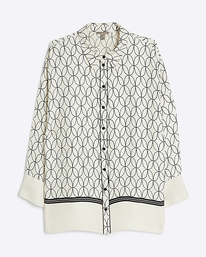 White Satin Geometric Print Shirt