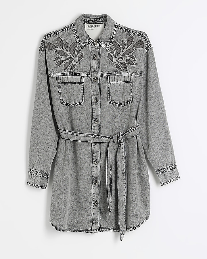Grey denim embellished mini shirt dress