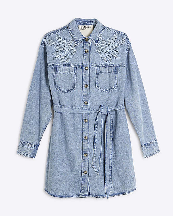 Blue Denim Long Sleeve Belted Shirt Dress