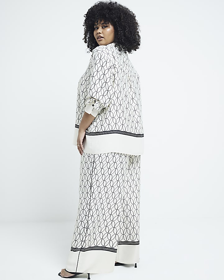 Plus White geometric print wide leg trousers