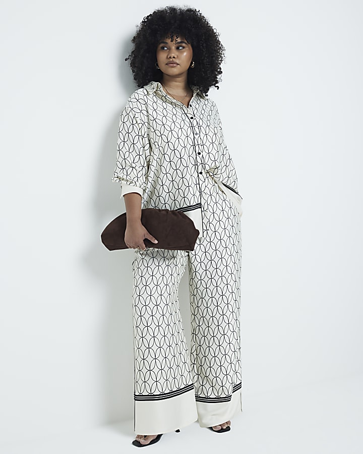 Plus White geometric print wide leg trousers