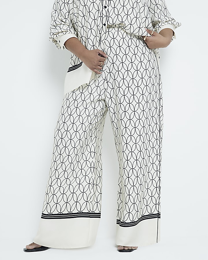 Plus White geometric print wide leg trousers