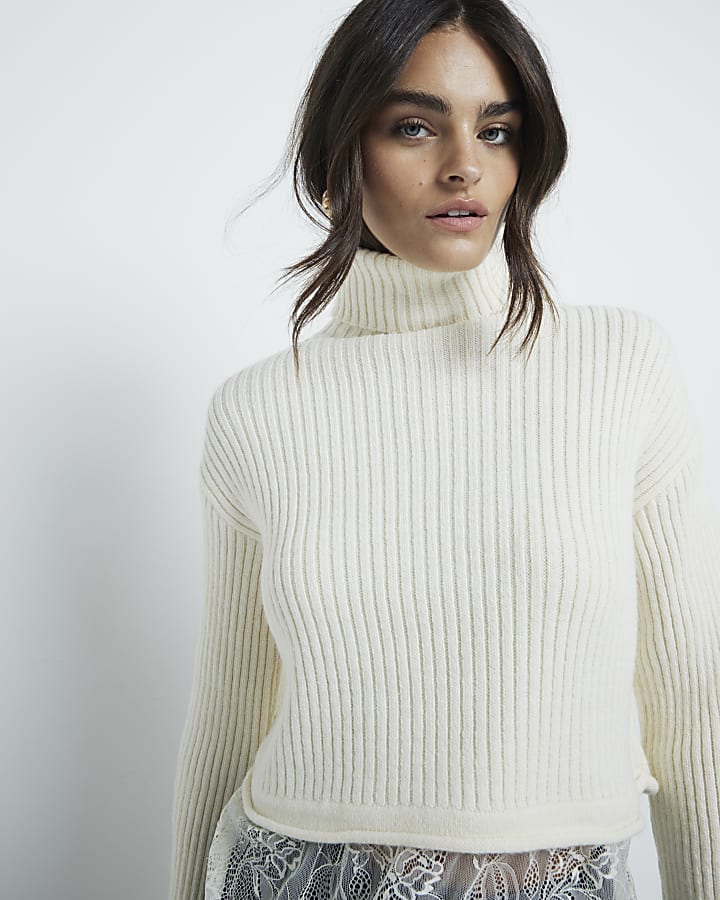 Cream Roll Neck Hybrid Lace Jumper