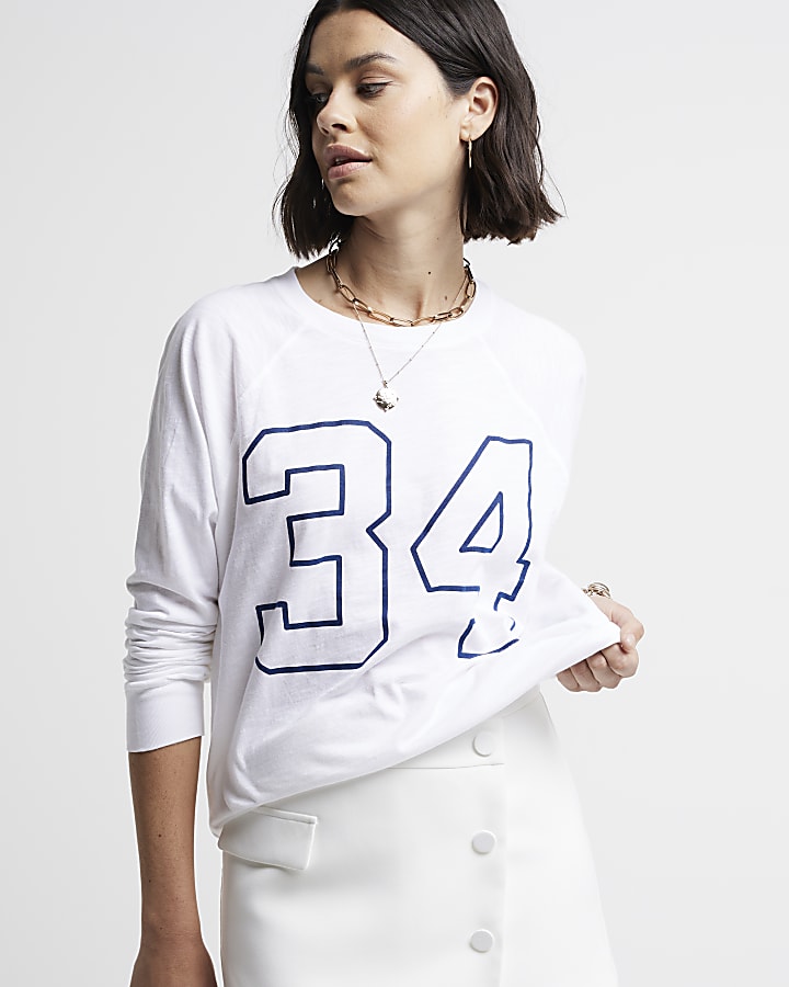 White Number Print Raglan Top