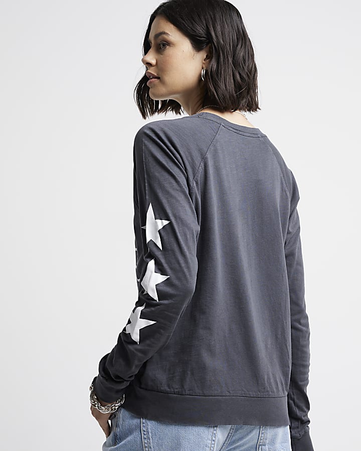 Grey Number Print Raglan Top