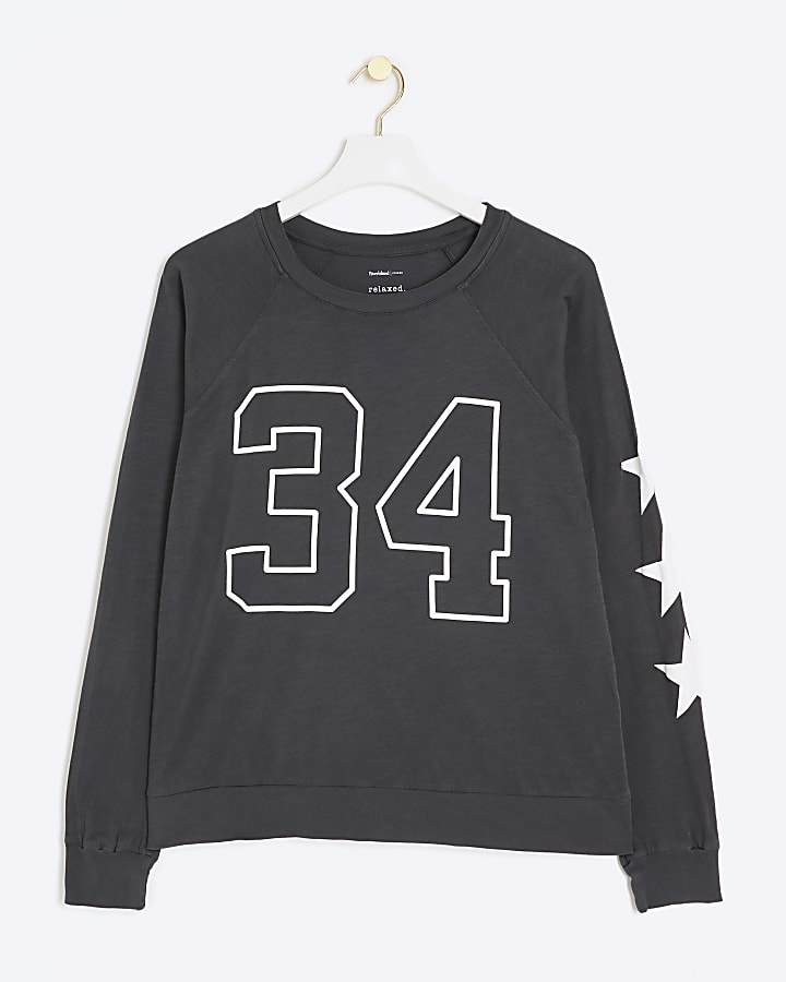 Grey Number Print Raglan Top