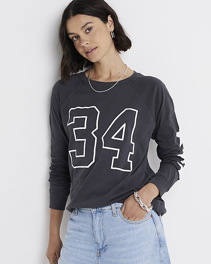 Grey Number Print Raglan Top