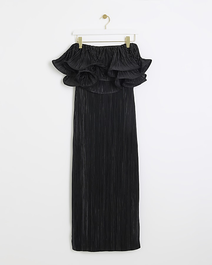 Black plisse frill bandeau midi dress