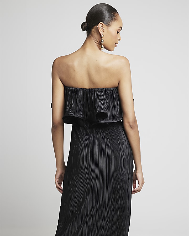 Black plisse frill bandeau midi dress