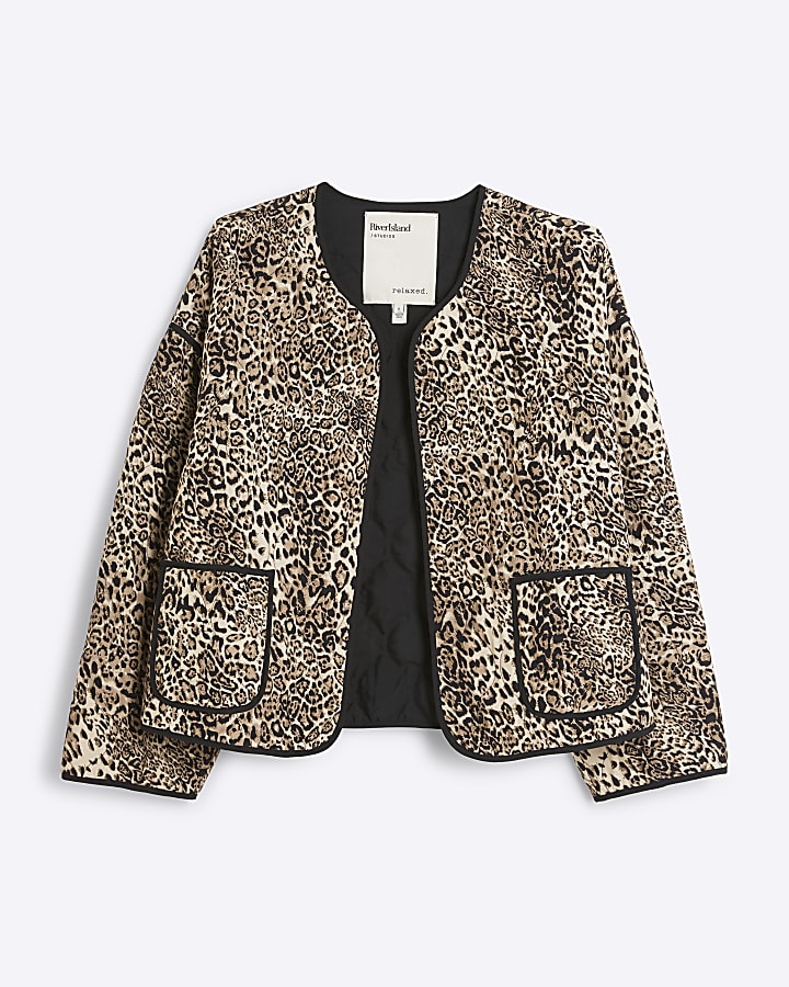 Beige leopard print quilted jacket
