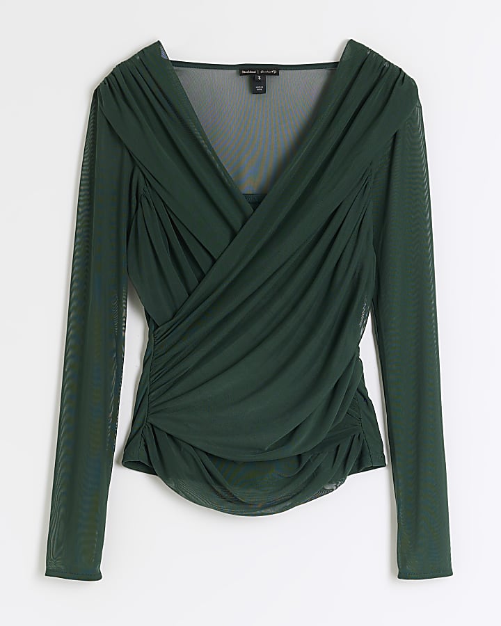 Green mesh wrap long sleeve top