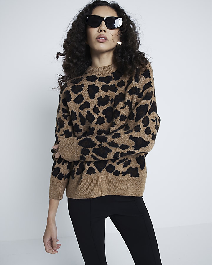 Brown Long Sleeve Leopard Jumper