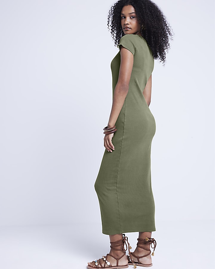 Khaki Ribbed Bodycon Midi Dress