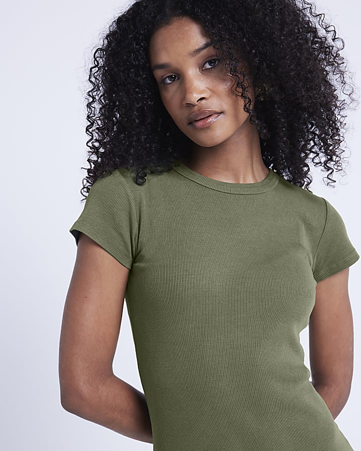 Khaki Ribbed Bodycon Midi Dress