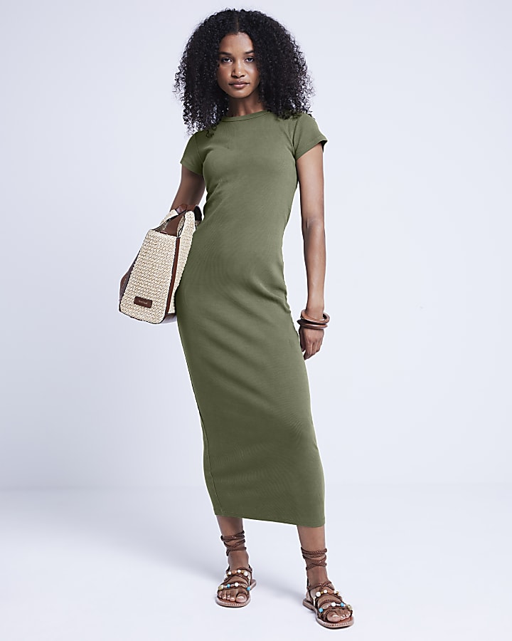 Khaki Ribbed Bodycon Midi Dress