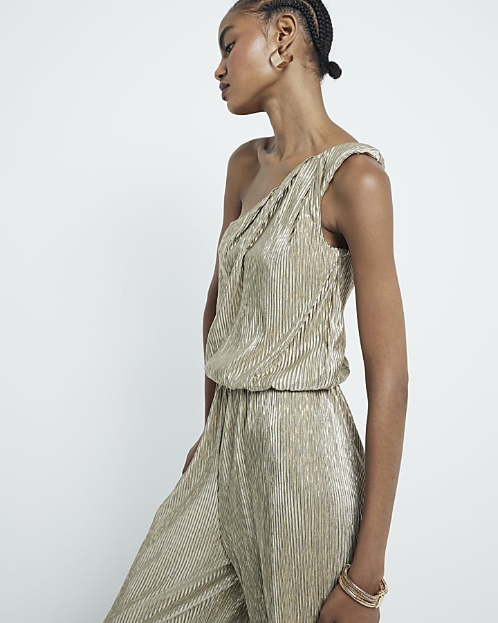 Gold plisse metallic one shoulder jumpsuit