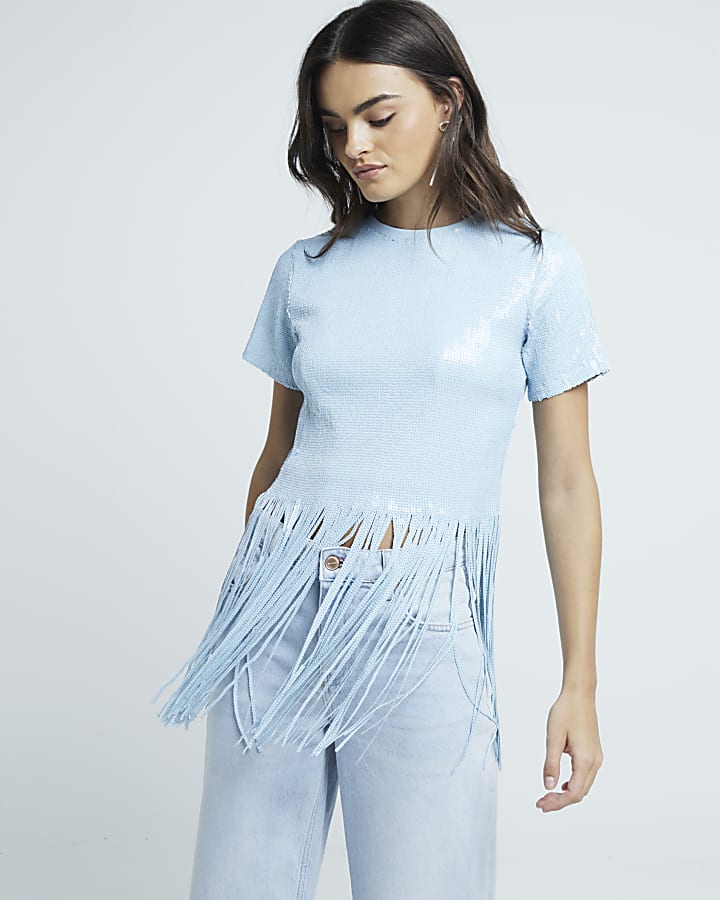 Blue Sequin Fringe Crop T-shirt