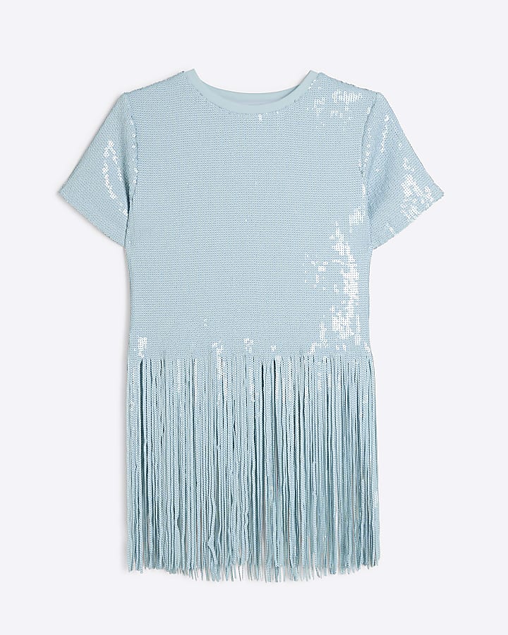 Blue Sequin Fringe Crop T-shirt