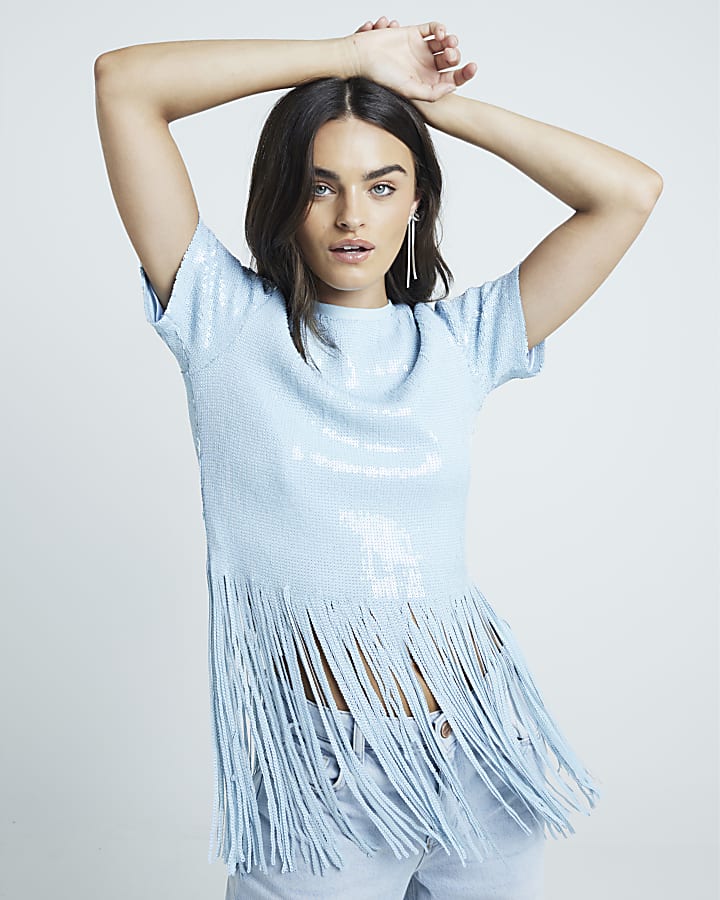 Blue Sequin Fringe Crop T-shirt