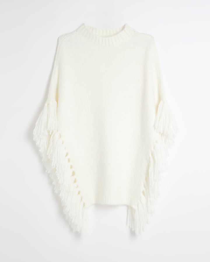 Cream Knit Tassel Poncho