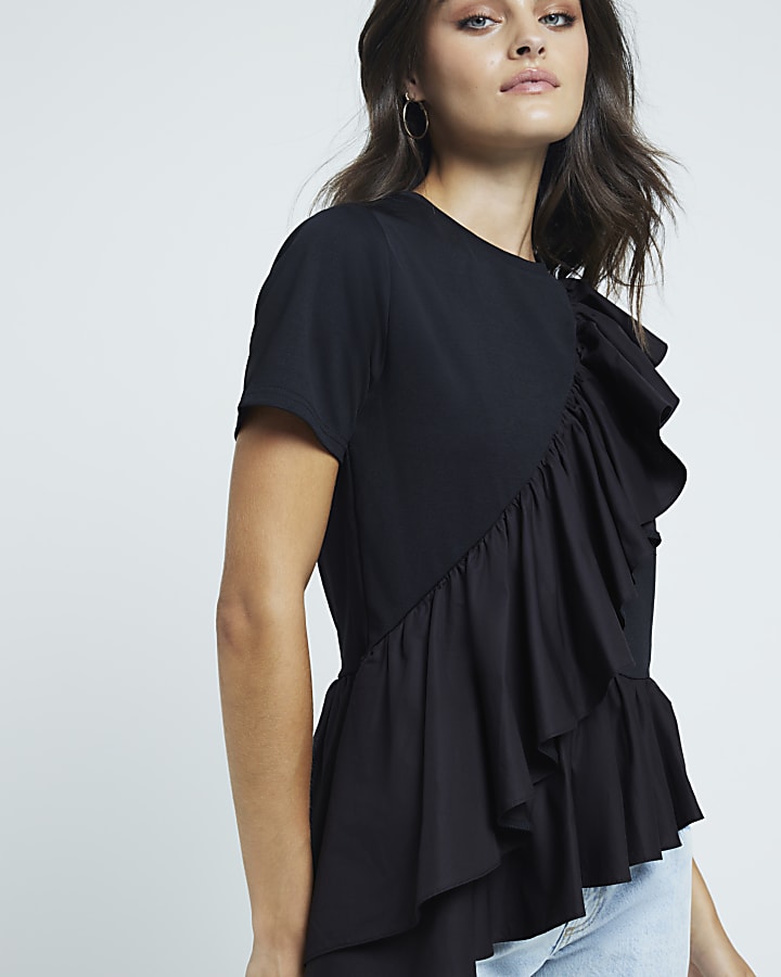 Black frill asymmetric t-shirt