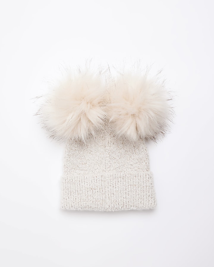 Cream sequin double pom pom beanie