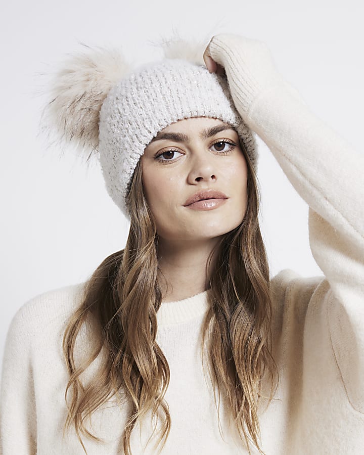 Cream sequin double pom pom beanie