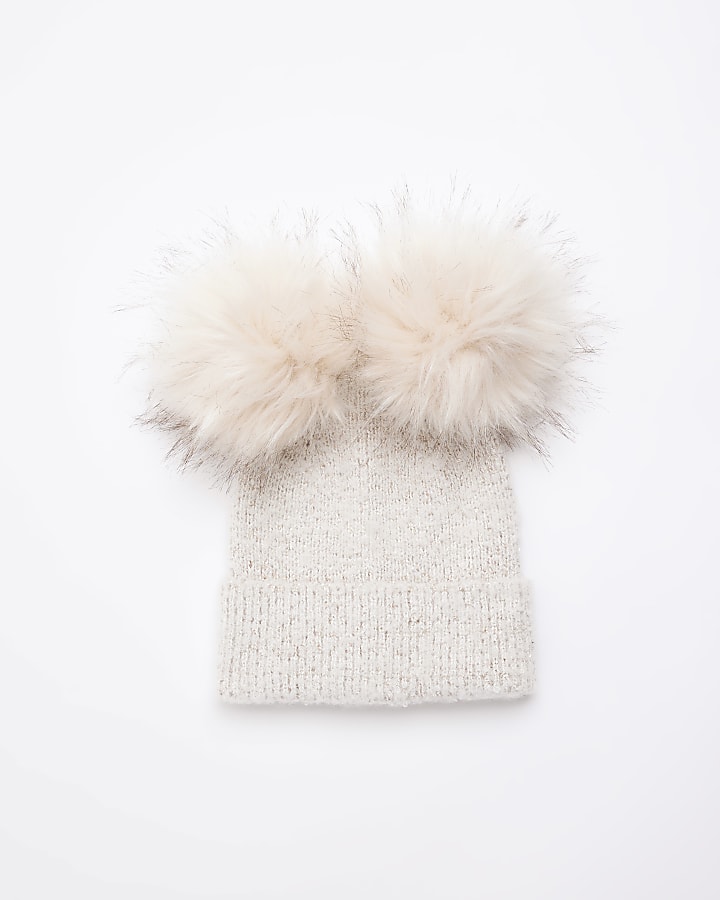 Cream sequin double pom pom beanie