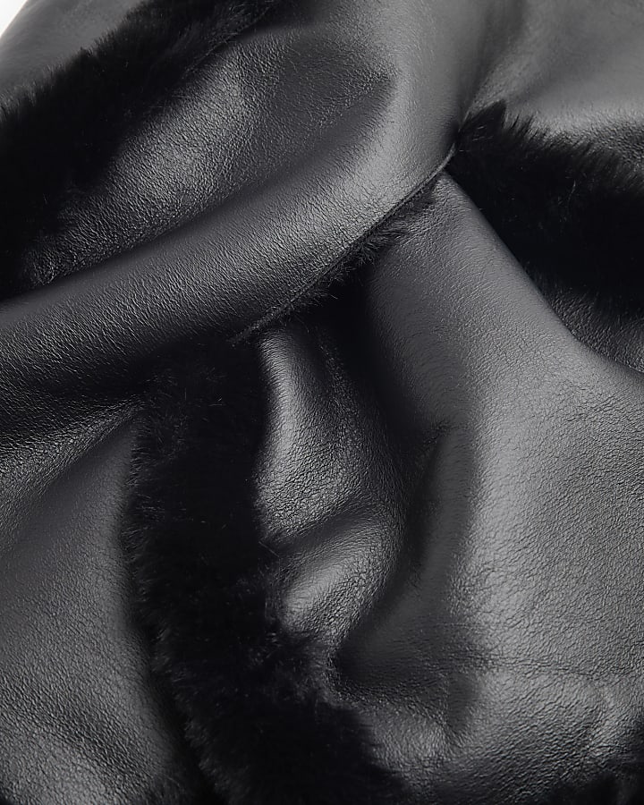 Black Faux Leather Faux Fur Trim Scarf