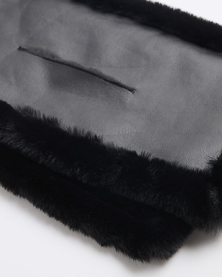 Black Faux Leather Faux Fur Trim Scarf