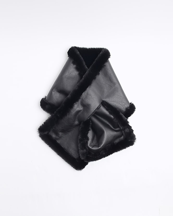 Black Faux Leather Faux Fur Trim Scarf