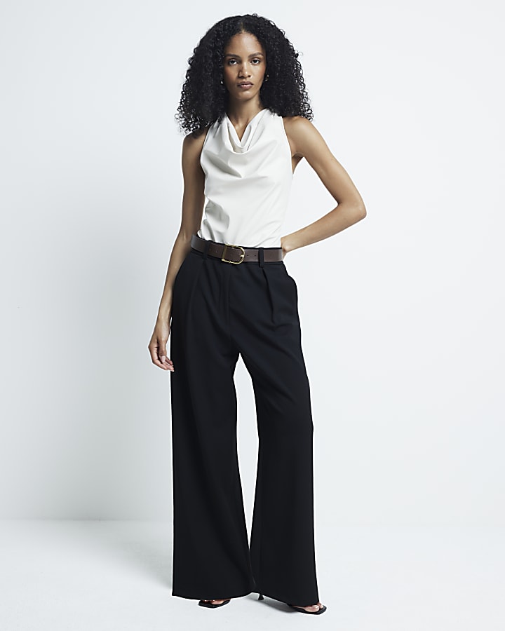 Beige faux leather halter cowl neck top