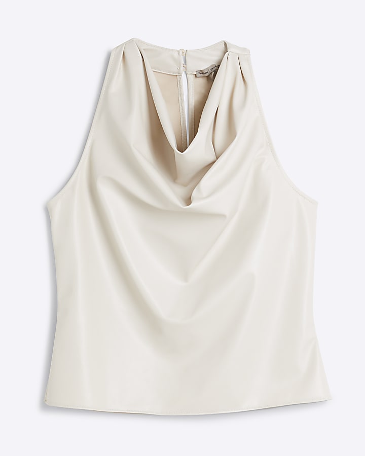 Beige faux leather halter cowl neck top
