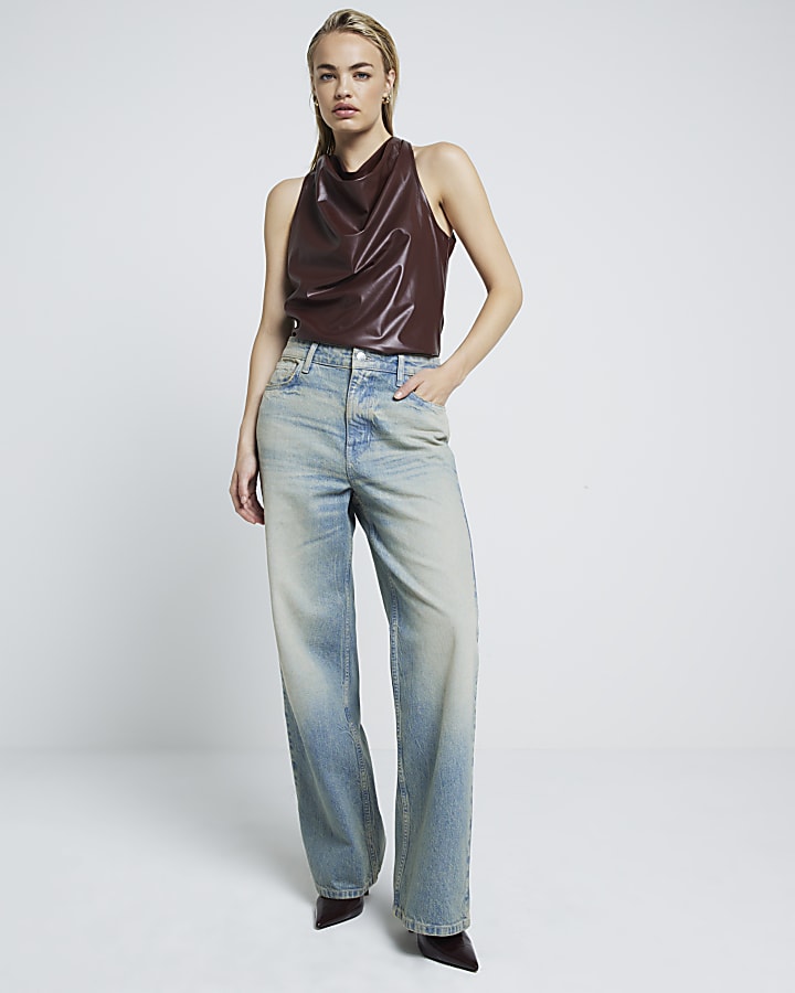 Brown faux leather halter cowl neck top