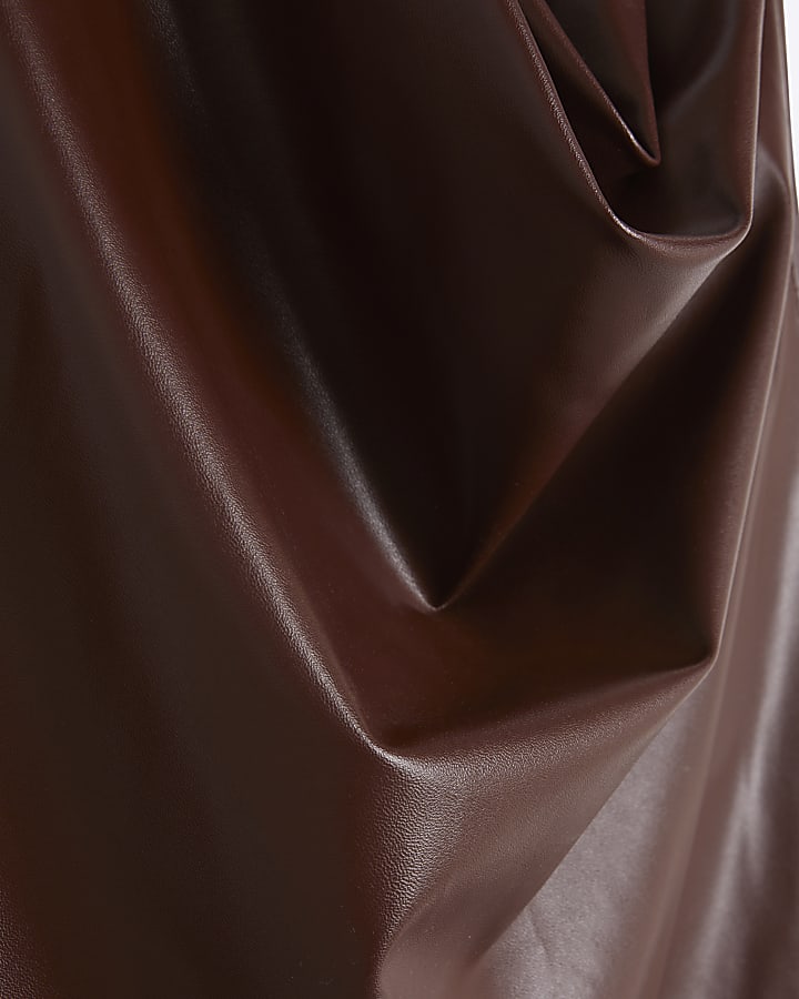 Brown faux leather halter cowl neck top