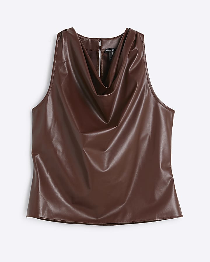 Brown faux leather halter cowl neck top