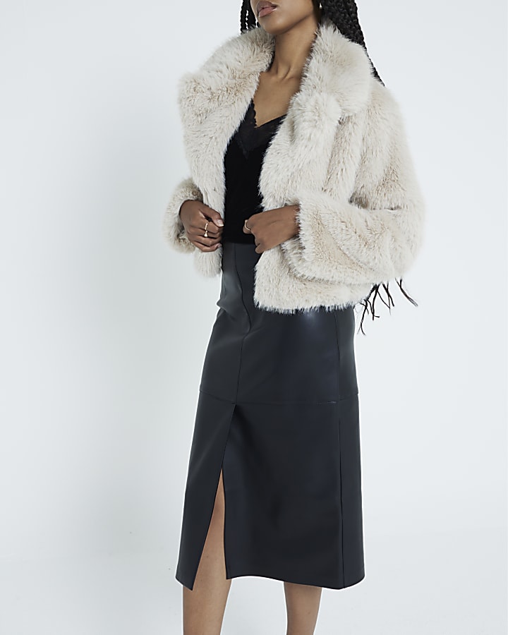 Black Faux Leather Column Midi Skirt