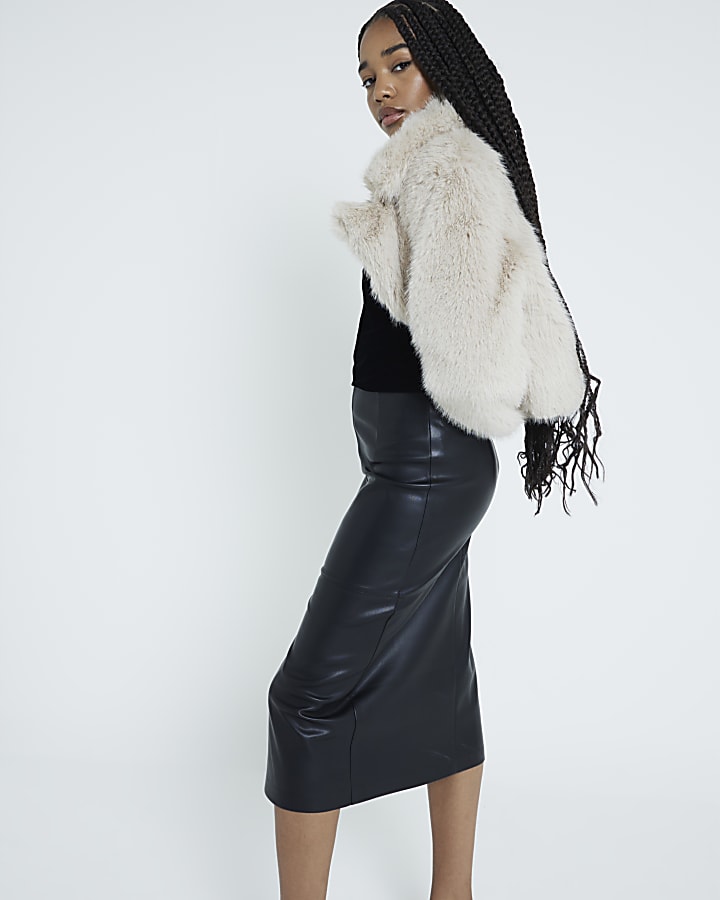 Black Faux Leather Column Midi Skirt