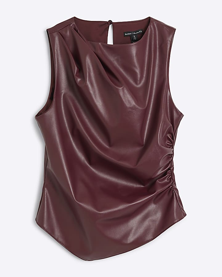 Red faux leather drape top