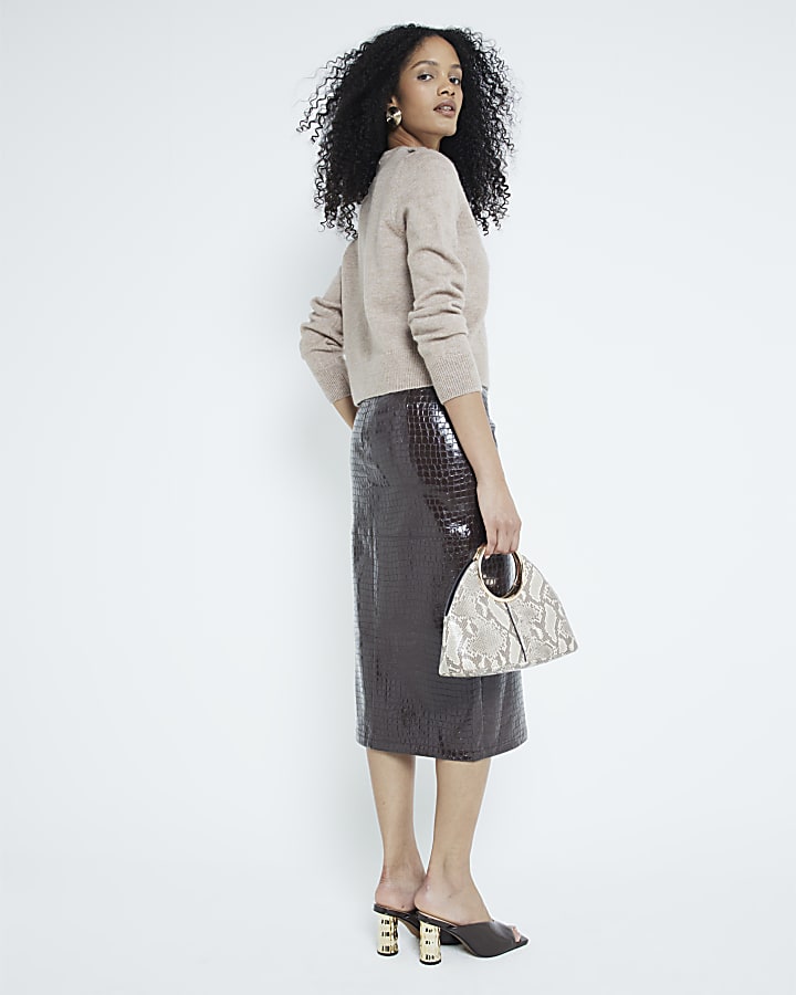 Brown Croc Faux Leather Midi Skirt