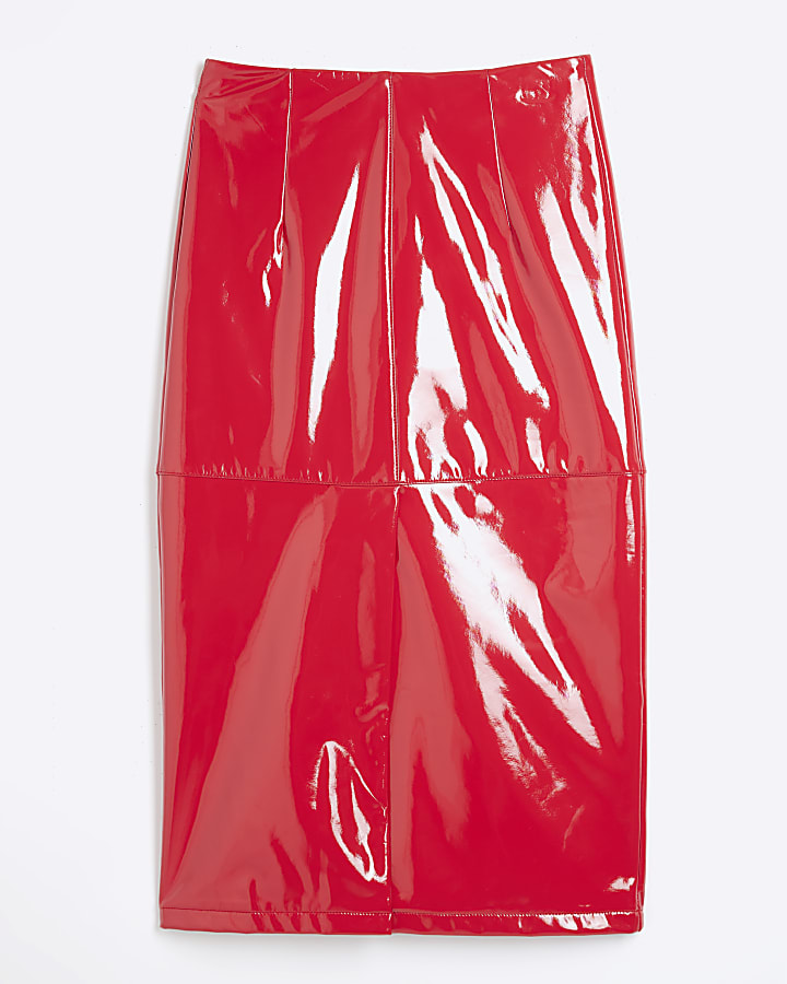 Red Vinyl Midi Column Skirt