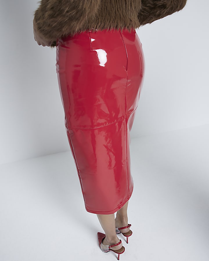 Red Vinyl Midi Column Skirt